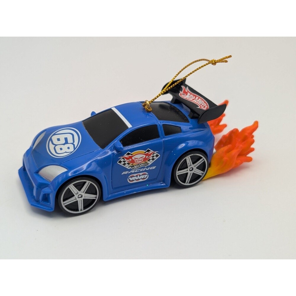 2005 Hot Wheels Christmas Tree Ornament Blue Race Car 68 Flames Mattel Loose